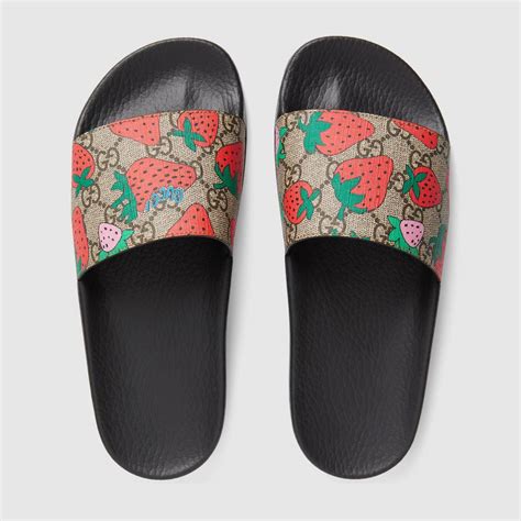 gucci slides women strawberry|Gucci floral slides outfit.